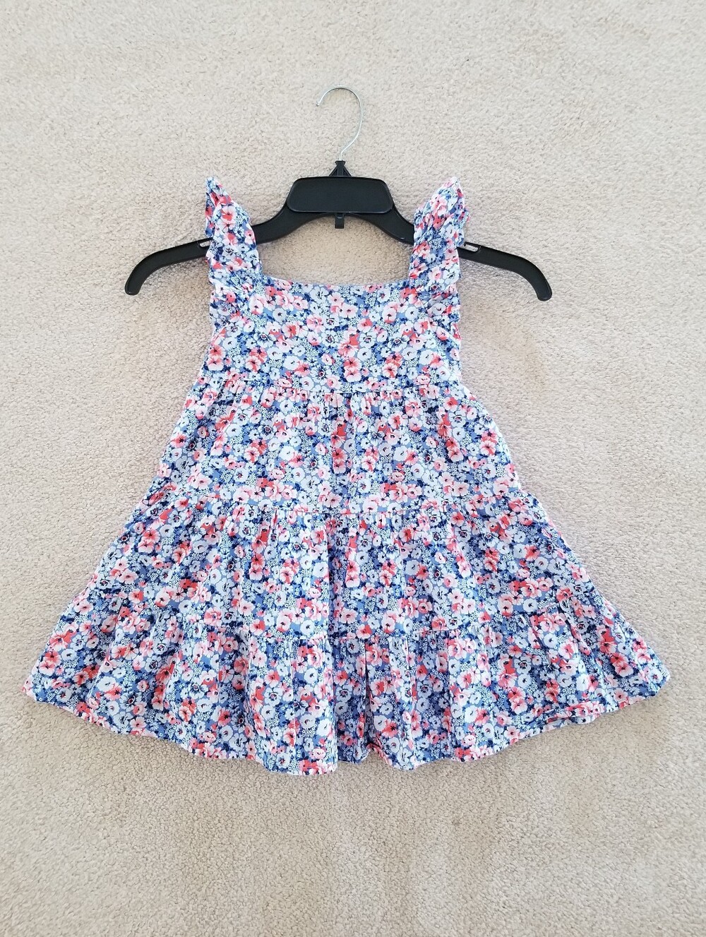 Janie and Jack Red White and Blue Ditsy Floral Print Ruffle Sleeve Dress Size 3